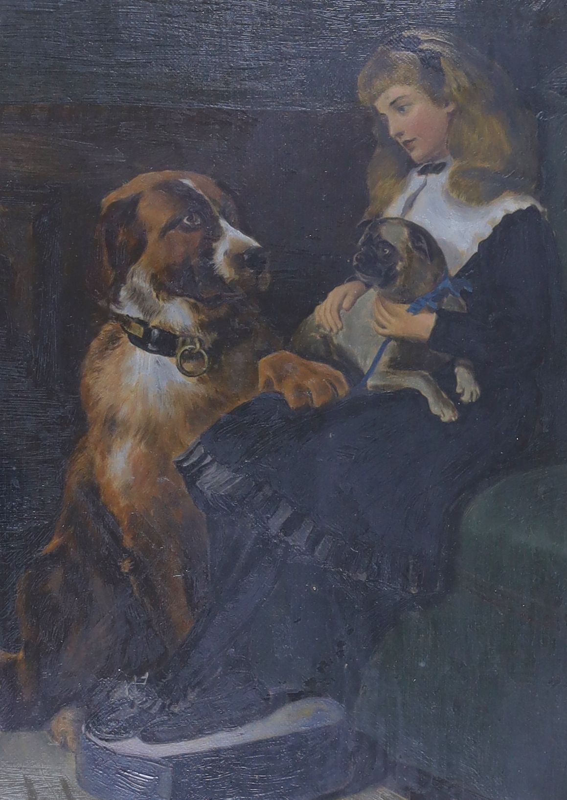 Victorian School, pair of oils on canvas, Girl with two dogs and Scottish anglers, 28 x 20cm